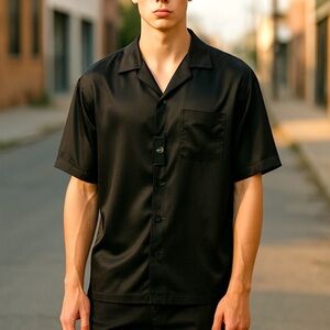 Men’s Denim & Flower Black Casual Button Down Shirt